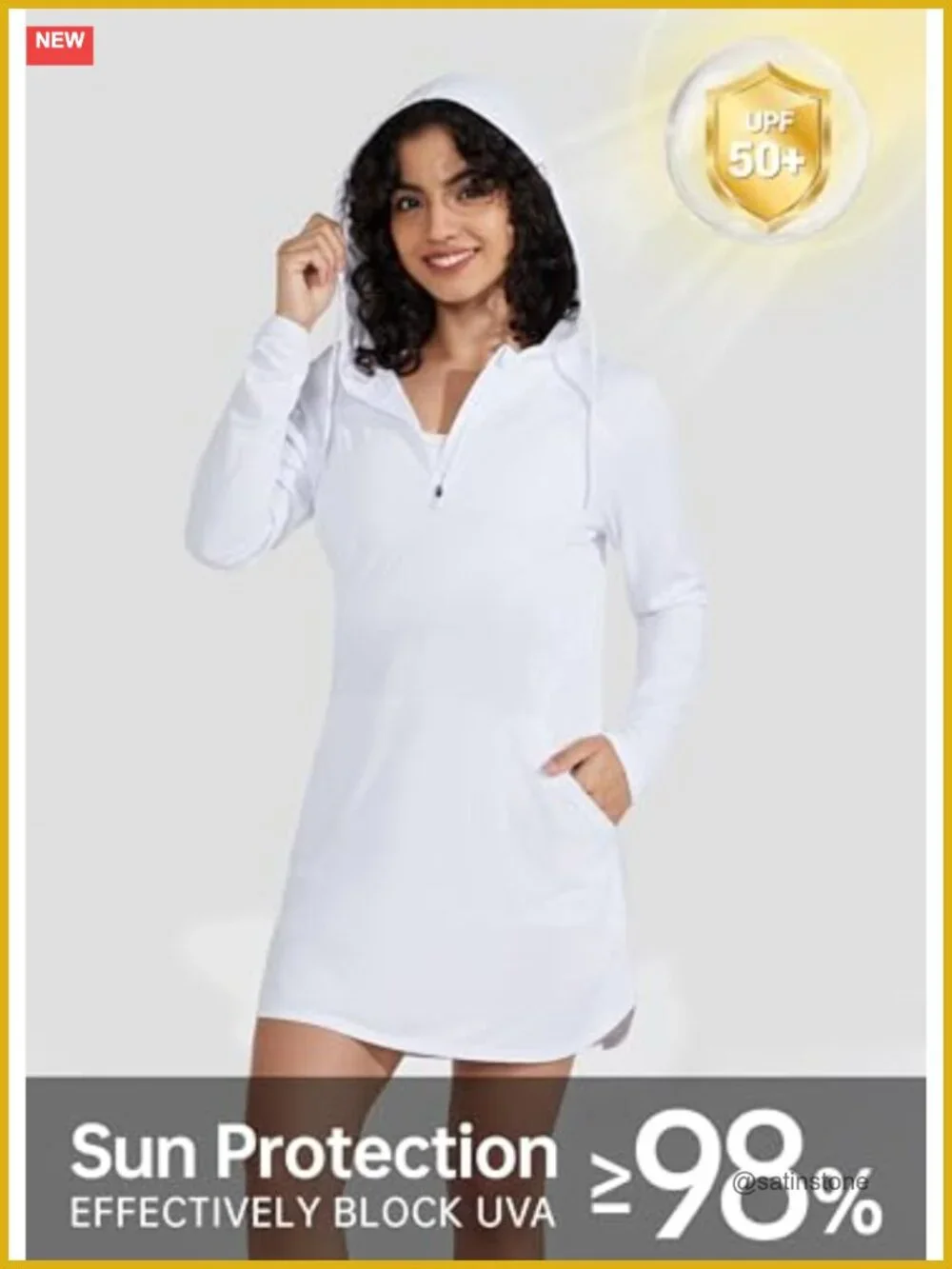 UPF 50+ Long Sleeve Swim Cover-Up Dress with Hood and Thumbholes Quick Dry